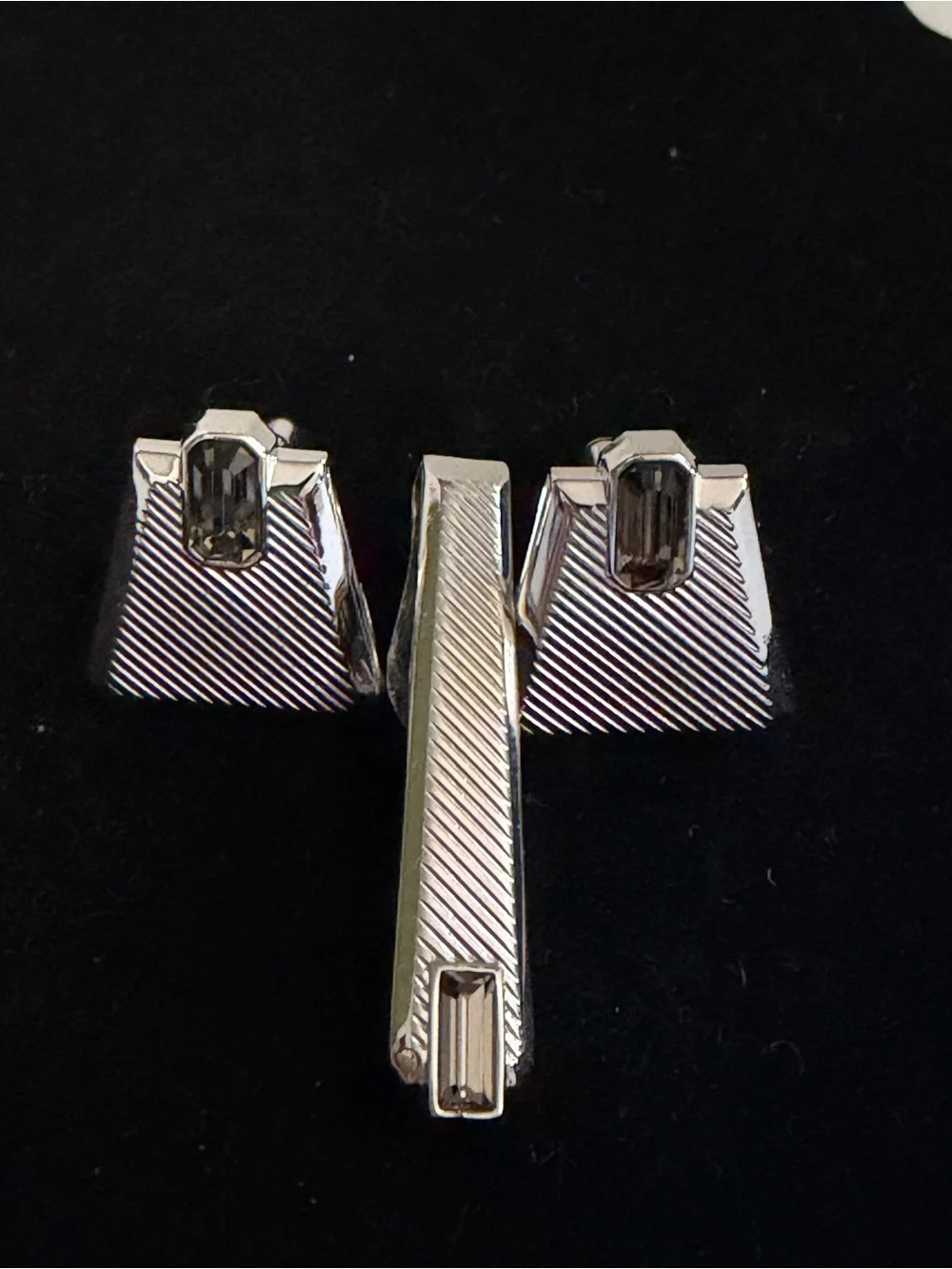 SWANK Silver Tone Cufflinks and Tie Clip with Rectangular Clear Stones